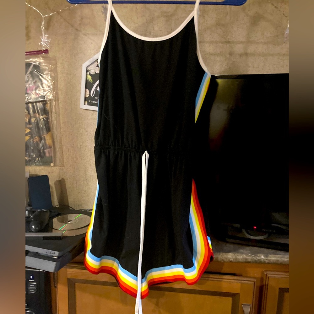 Tie fronted rainbow striped side cami romper.